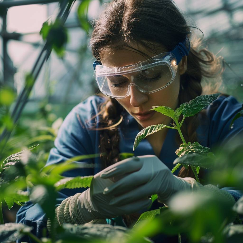 Female scientist examining a plant specimen. Protective goggles. Green leaves in her gloved hands. Modern greenhouse. Daytime. Rows of plants, high-tech monitoring equipment. Close-up shot, head and shoulders. Natural light, dewdrops on the leaves, detailed texture on the gloves. Ultra-high resolution.