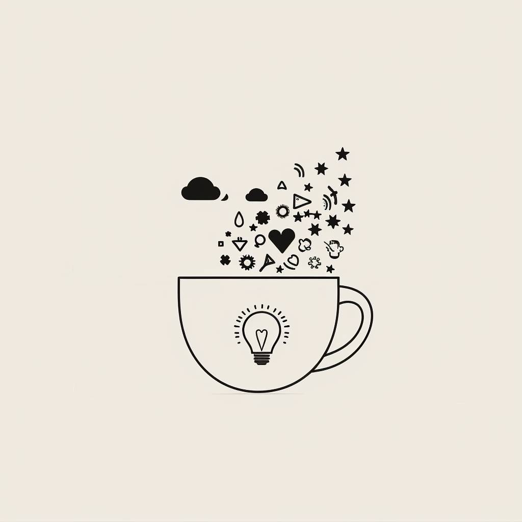 Minimalist illustration of a simple white teacup on a plain background. Inside the cup, a clean spiral of various small symbols representing thoughts and ideas: a lightbulb, a cloud, a star, a heart, and a few geometric shapes. The symbols are in black, creating a strong contrast with the white cup. The spiral is subtle and not overly busy. The overall style is clean, with crisp lines and a limited color palette.