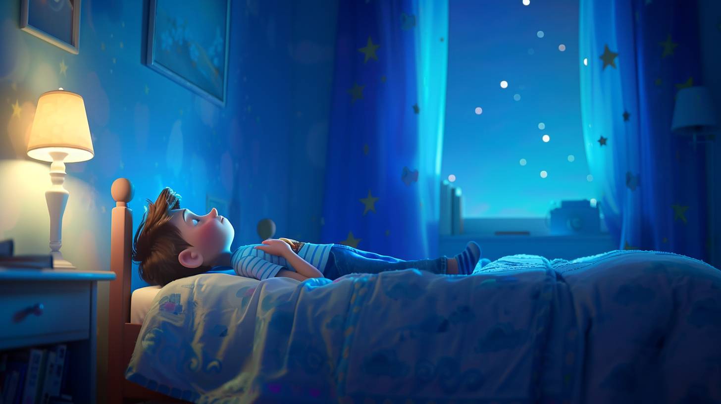 Disney animation, Pixar style, a little boy closing his eyes and praying on his bed at night. He is cute and happy, peaceful. The bedroom is set in the night with an aspect ratio of 16:9.