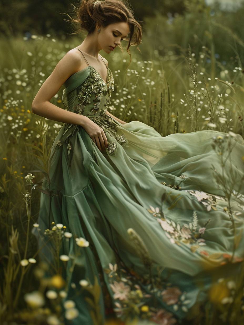 緑のシルクドレスに身を包み、野の花々の中に立つモデル。そのドレスは、葉や花びらの模様を模倣した繊細な刺繍で飾られています。彼女のポーズは優雅で流動的であり、自然の美しさを抱きしめているかのように両腕を広げています。ライティングは柔らかく拡散しており、暖かさと静けさを感じさせます。