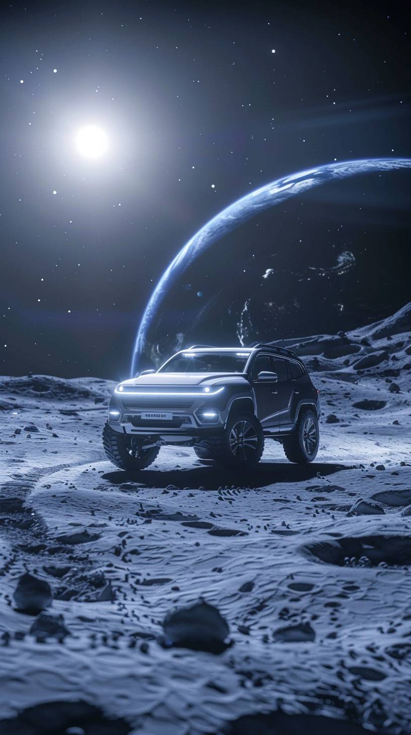 SUV車、グレー色、月に向けて走行中、背景には照らされた地球があり、超リアル