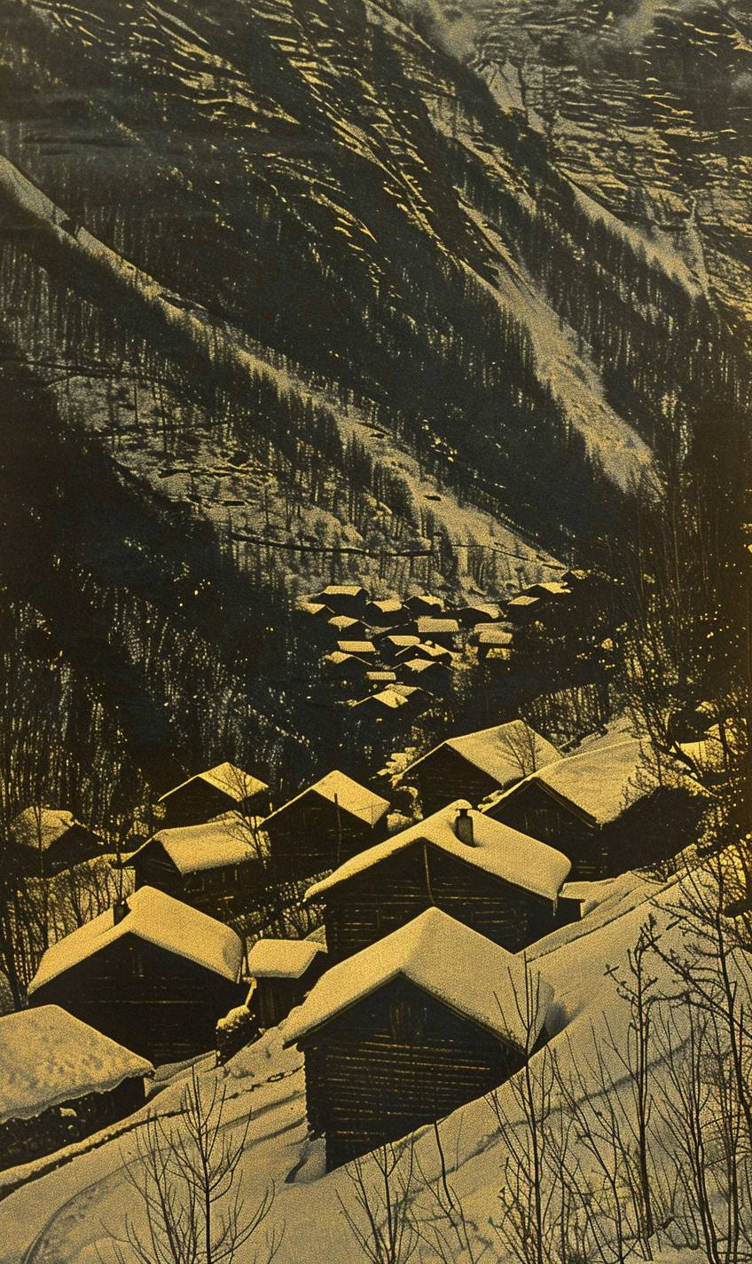 Snow-covered mountain village during winter, cozy wooden houses, smoke rising from chimneys, soft twilight casting a magical glow