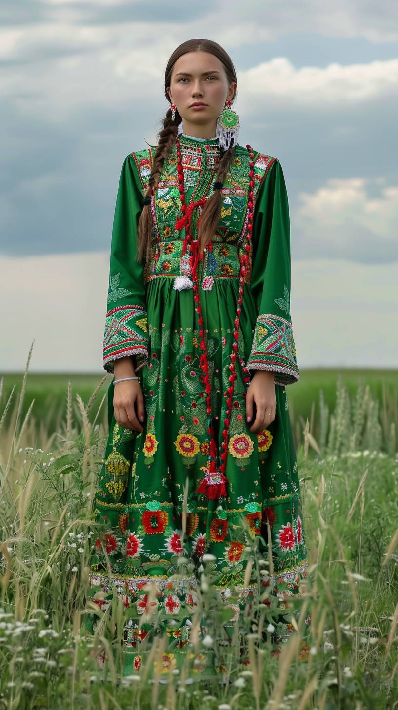 Full-length photo of a woman in Ukrainian ethnic green dress, Donetsk region, steppe. Hyperrealistic photo, very detailed.