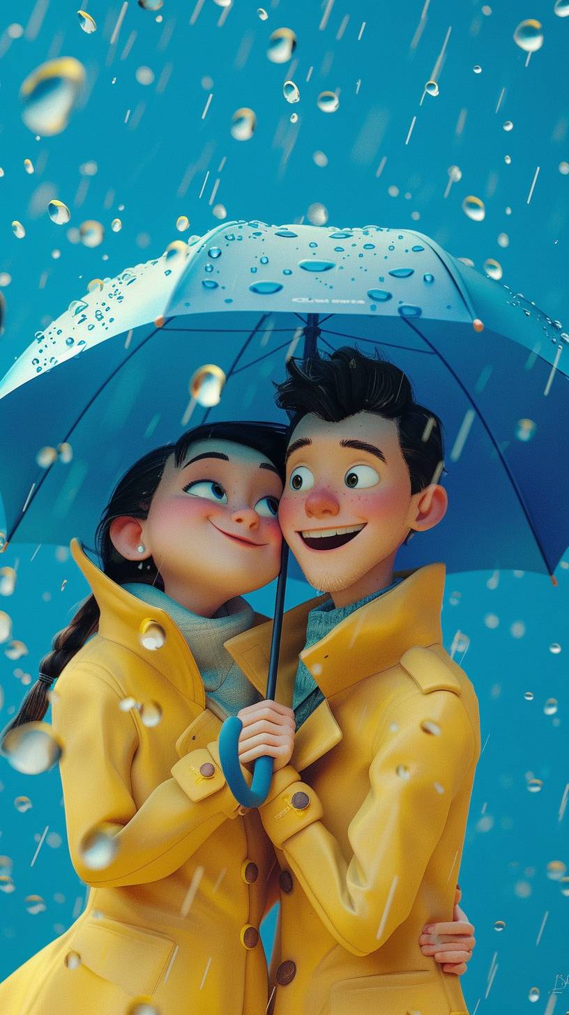 Character design, full-body, Disney Pixar 3D animation style, man and woman wearing yellow raincoat, holding blue umbrella, happy moment, blue background, cinematography--aspect ratio 9:16, version 6.0