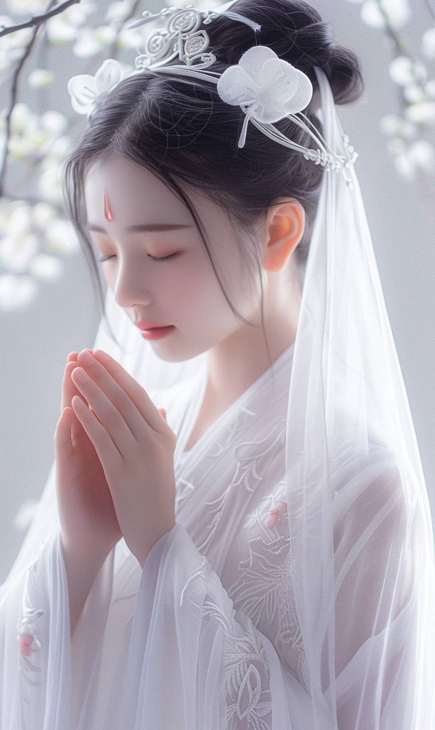 Buddhist style white series girls, cute, ancient style, pure, healing, beautiful, high-definition, ultra-high definition picture quality