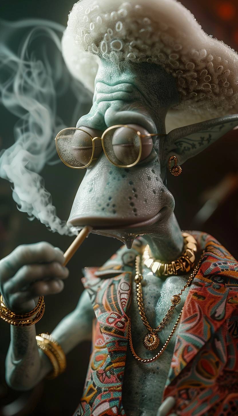 Squidward smoking a joint, he is wearing 90s gangster clothes and jewelry
