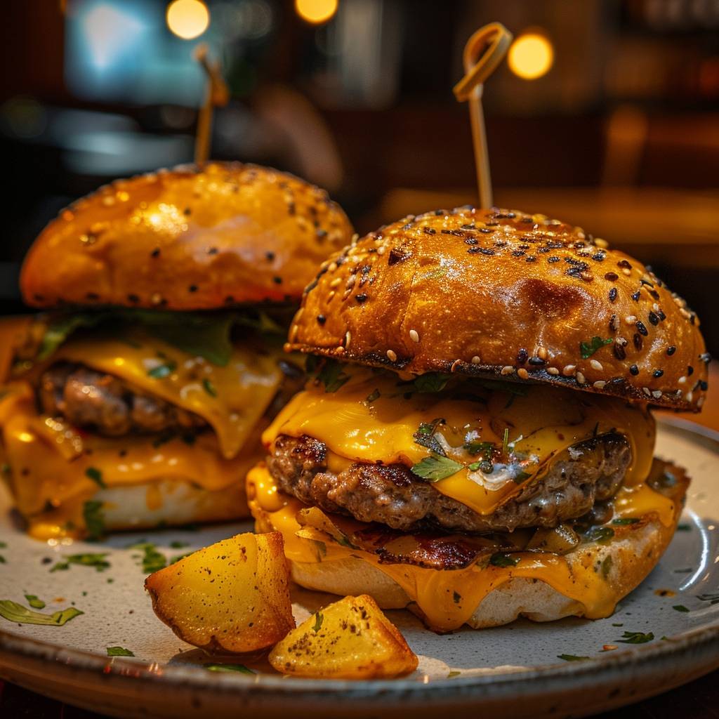 Two burgers with cheese and potatoes, in the style of Nikon S5 Mark 4 camera and 24-70mm lens f7 ISO 350