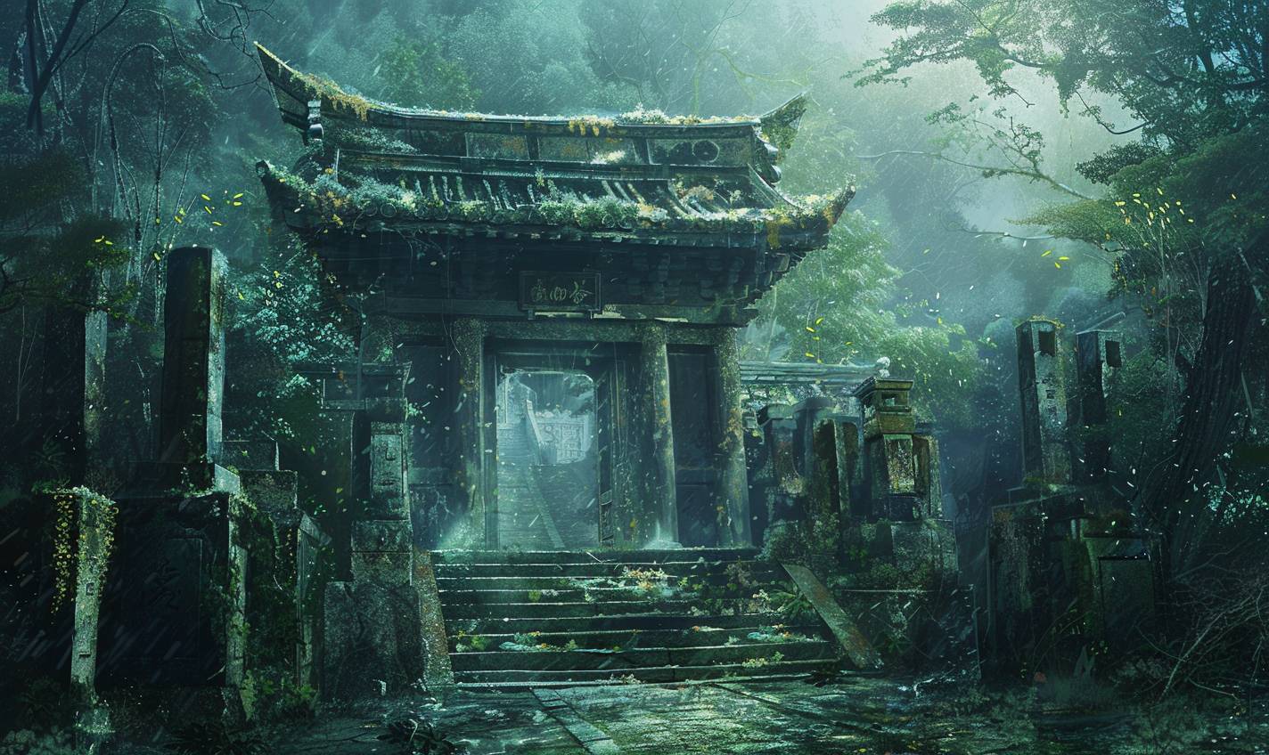 In the style of Kunisada, a forgotten temple hidden in the jungle