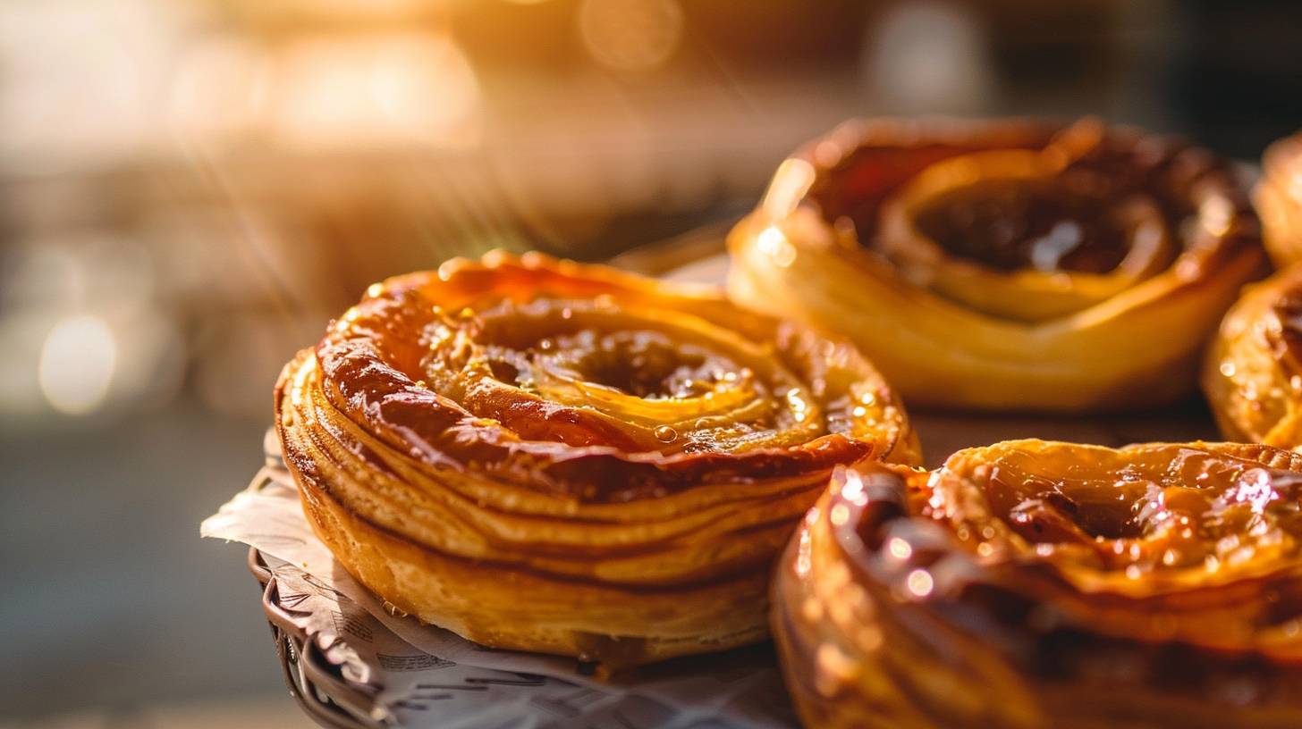 A photograph of a [type of pastry], in warm colors, [context environment], soft and appetizing atmosphere, sun, close-up, taken with a Nikon D850 digital SLR