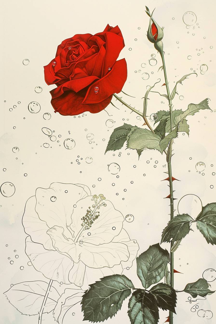 Border illustration with a blank center by Jean Giraud, whimsical, clean, 1970's drawing of a red rose crossing a white hibiscus, bubbles, heavy metal