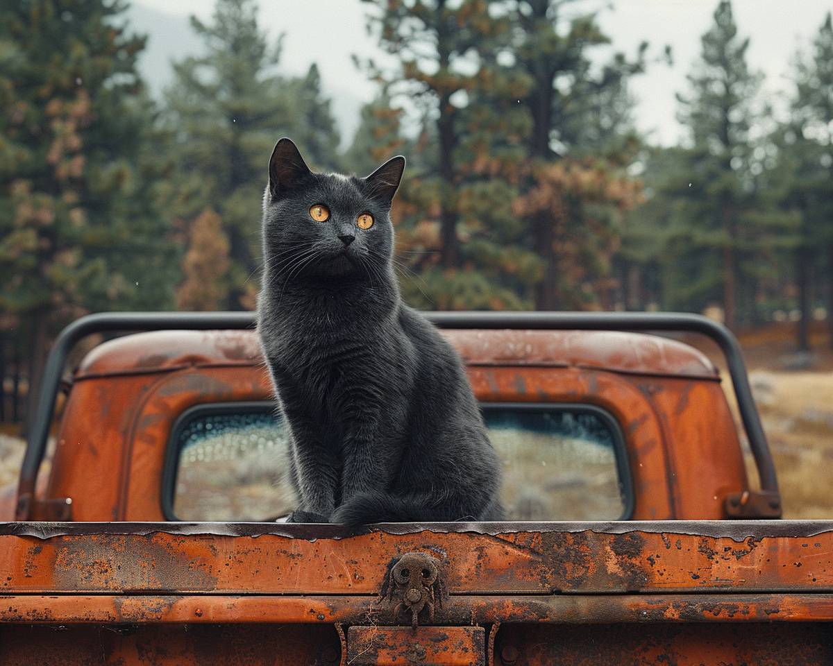 ドキュメンタリーフォトグラフィーは最高です。黒猫が赤色のピックアップトラックの後部に座っています。背景には松の森が広がっています。