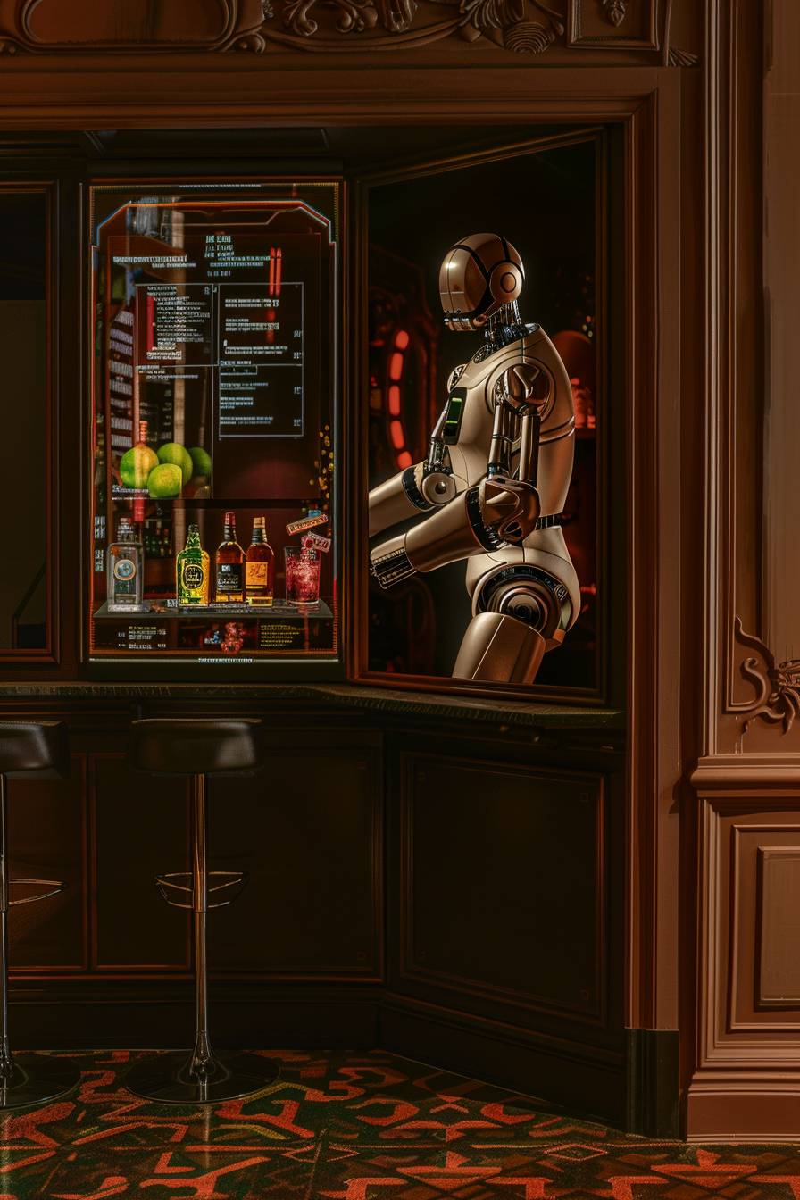 A futuristic robot bartender mixing colorful drinks in a sleek, high-tech bar, with holographic menus and neon lighting.