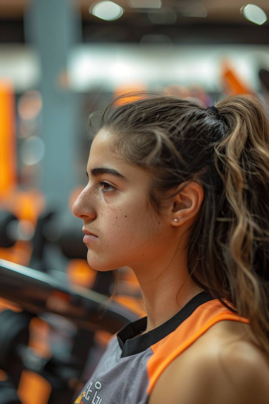 A woman is training with weights in a weight training gym. She is looking to the side with profile of the face showing. She is 25 years old and of Spanish descent. In the background, there are orange, black, and gray weight machines. The image is 4k, shot with natural ambient light using a Sigma sd Quattro H with a Sigma 24-70mm f-5.6 DG lens. It has versatile focal length, intensely detailed, crisp, smooth, and pure painting, natural lighting, sunlight, photorealistic, aperture f/2.8, ISO 800, and high depth of field with a 2:3 aspect ratio.