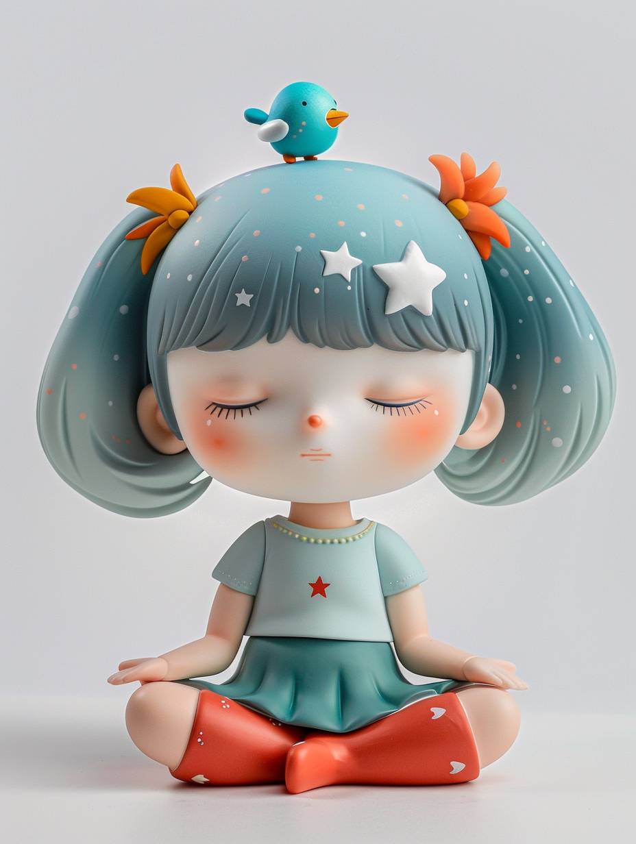 Blind box style vinyl toy of a cute little girl with starry hair and a blue bird on her head with her eyes closed in a meditative pose on a simple white background tilted slightly from The side angle is displayed. The toy adopts a minimalist design with bright colors, high saturation, natural light, soft shadows and exquisite details. Its style is all about natural light, soft shadows and exquisite details