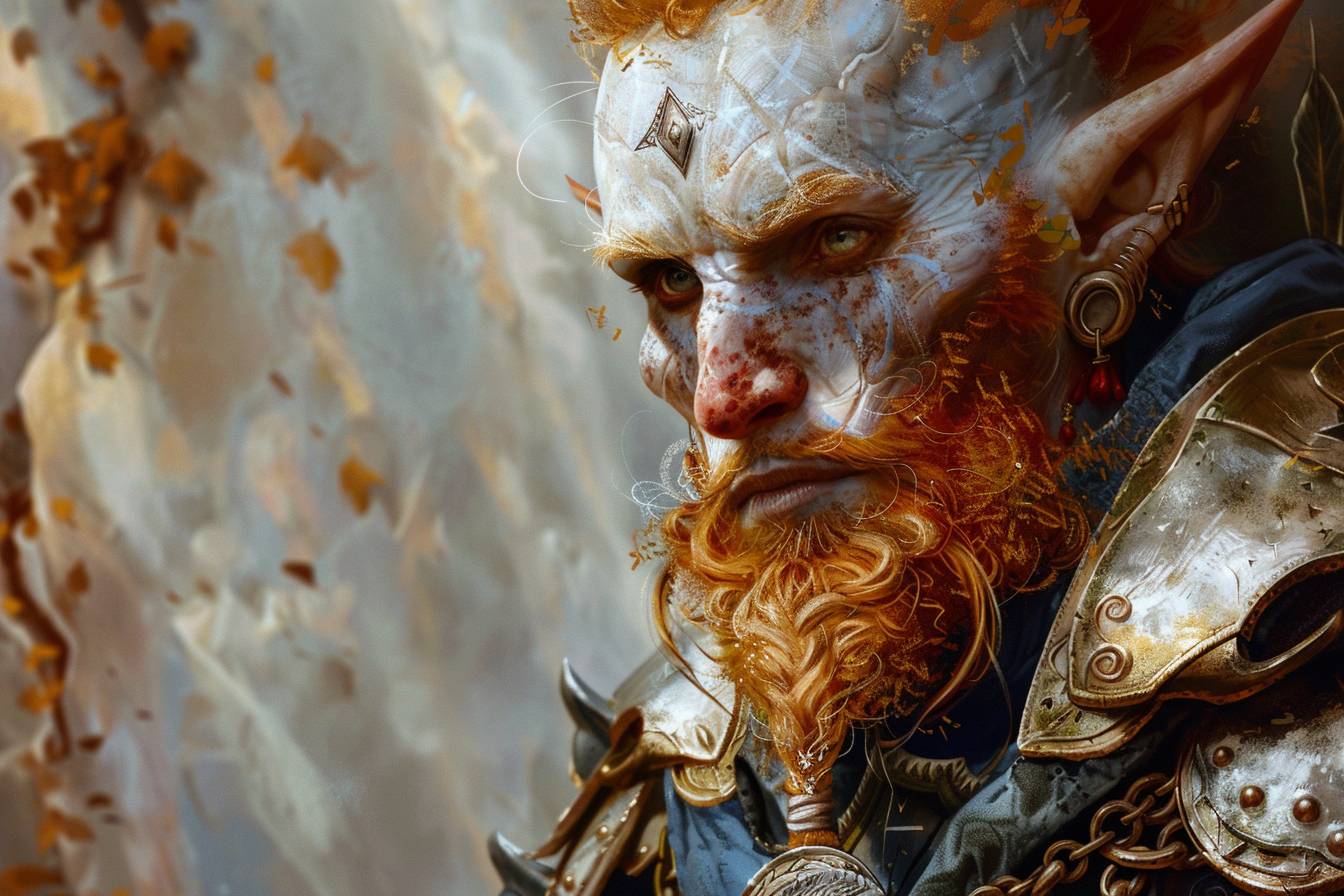 Elf Knight portrait, by artist Alan M Smith, in the style of light red and dark indigo, gigantic scale, handsome, adventurecore, Die Brücke style, white and amber