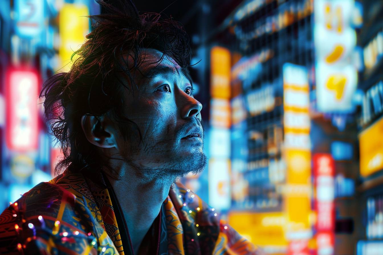 The kabuki actor in 'Neon Nocturne', basking in the brilliant drama gold glow of a futuristic, stage spotlight yellow neon-lit metropolis stretching towards the horizon --ar 3:2 --style raw  --v 6.0