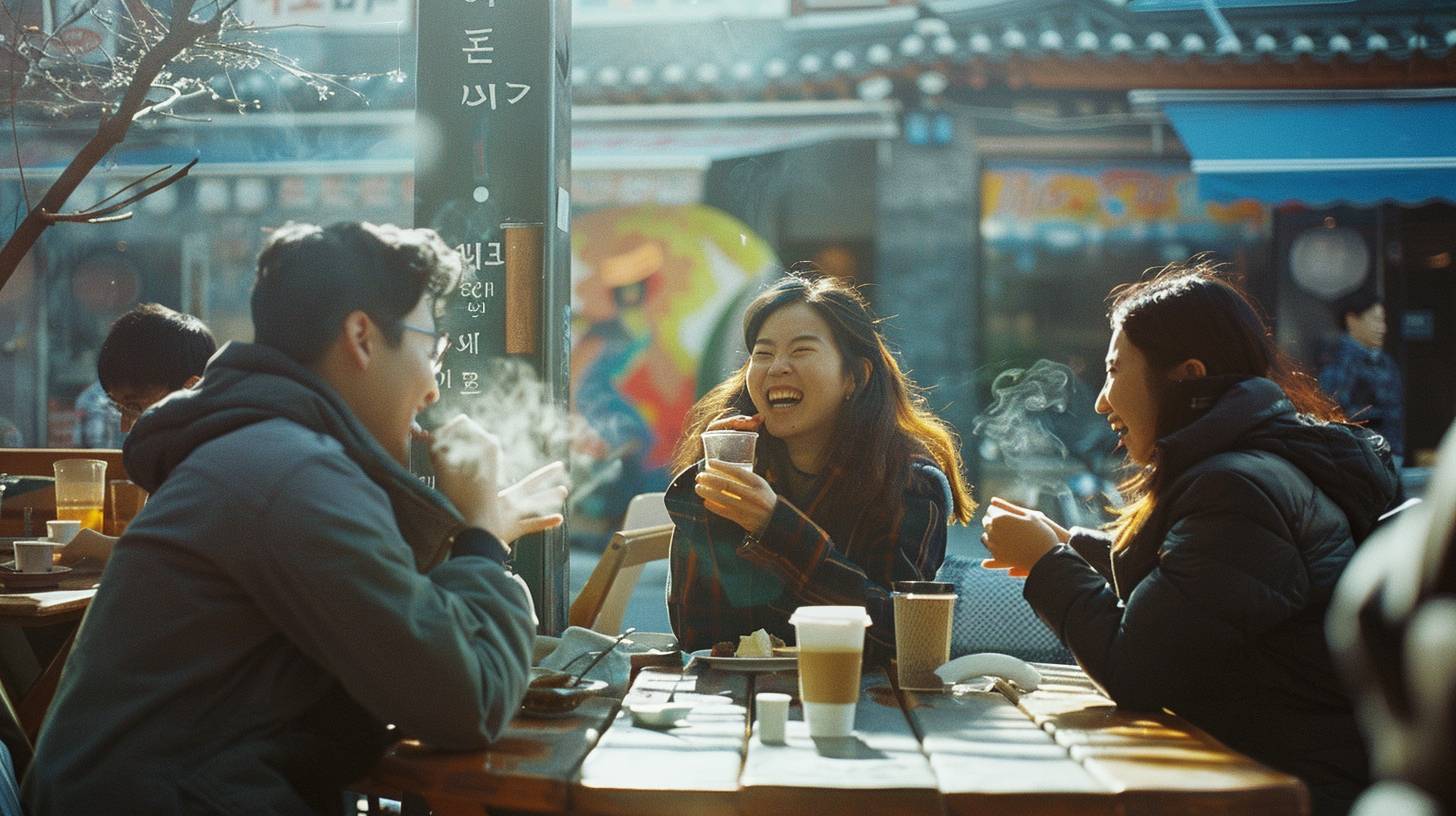웃음을 나누는 세 명의 친구들. 기쁨과 우정. 서울 홍대 지역의 야외 카페. 2015년 낮 시간. 길거리 예술, 지나가는 현대 제네시스, 다른 고객들. 허리부터 상반신 중속 샷. 캐논 EOS 5D Mark III, Kodak Portra 400 필름으로 촬영. 밝은 햇빛, 커피잔에서 스며 오르는 증기, 고대비.