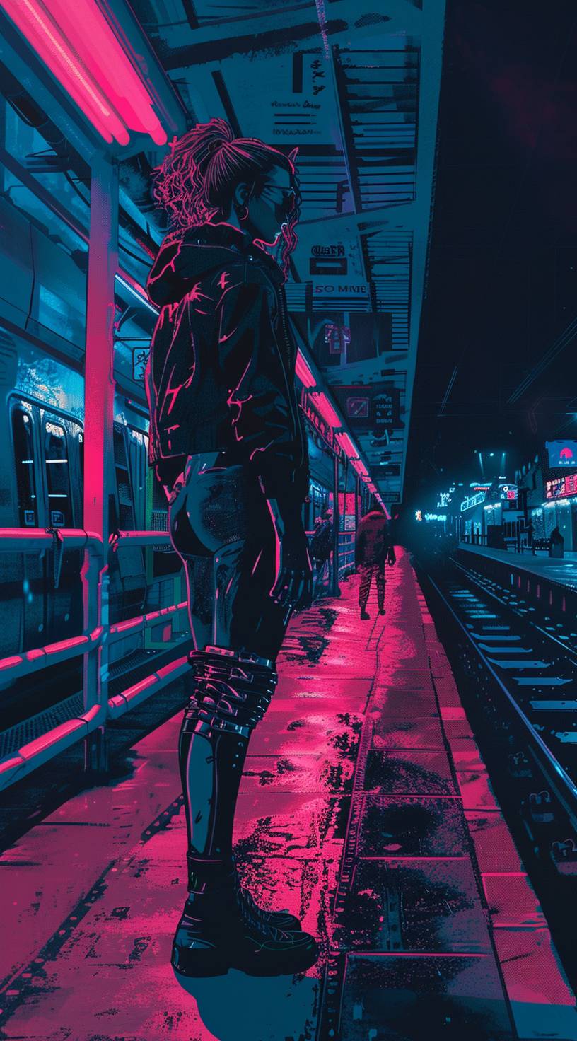 A lady in a colorful outfit reminiscent of cyberpunk manga, josan gonzalez's style, standing in the gangway. The outfit features sky-blue and pink colors, creating a strong sense of realism. The artwork incorporates the theme of transportcore and includes meticulously crafted blink-and-you-miss-it details. It follows a vaporpunk style. --ar 71:128  --v 6.0