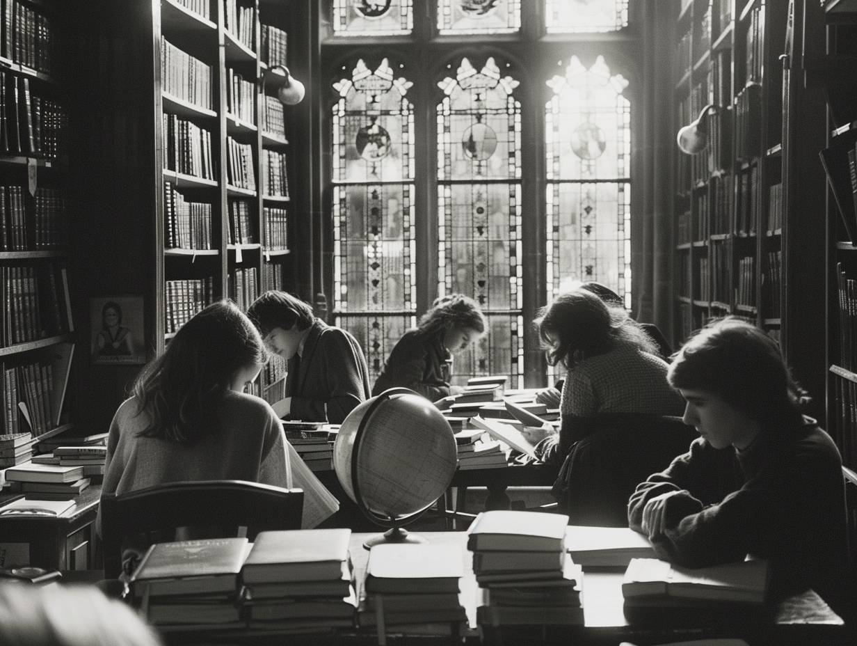 Six students in a library. Studious concentration. Piles of books. Oxford University. Afternoon in 1983. Wooden desks, stained glass windows, a globe. Medium shot, upper body. Captured with a Canon A-1, Ilford Delta 400 film. Soft light filtering through the windows, detailed texture of the books.