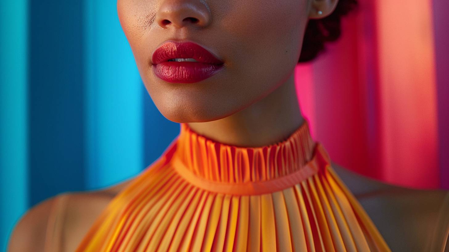 Close up fashion photo of a woman, evening dress, color blocking