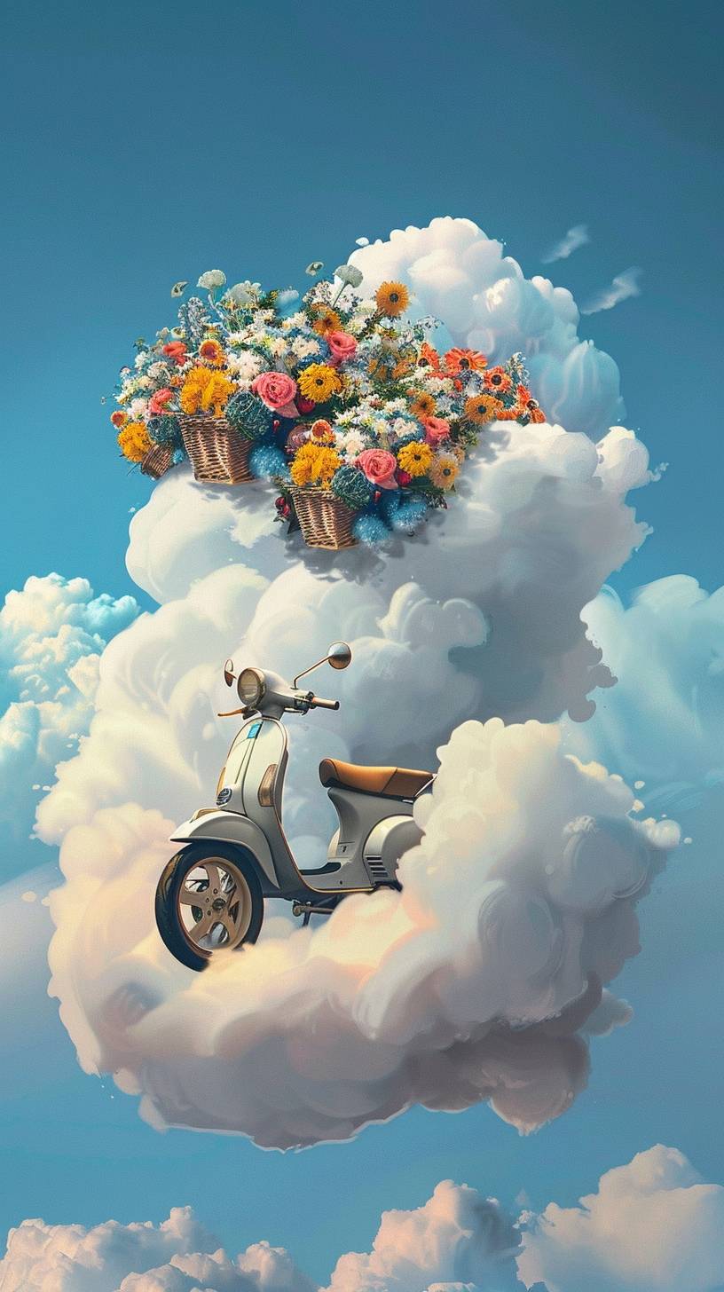 Drawing: A scooter with baskets full of flowers is standing in a white puffy cloud. The scooter is almost completely covered by that cloud. Around the blue sky --ar 9:16 --v 6.0