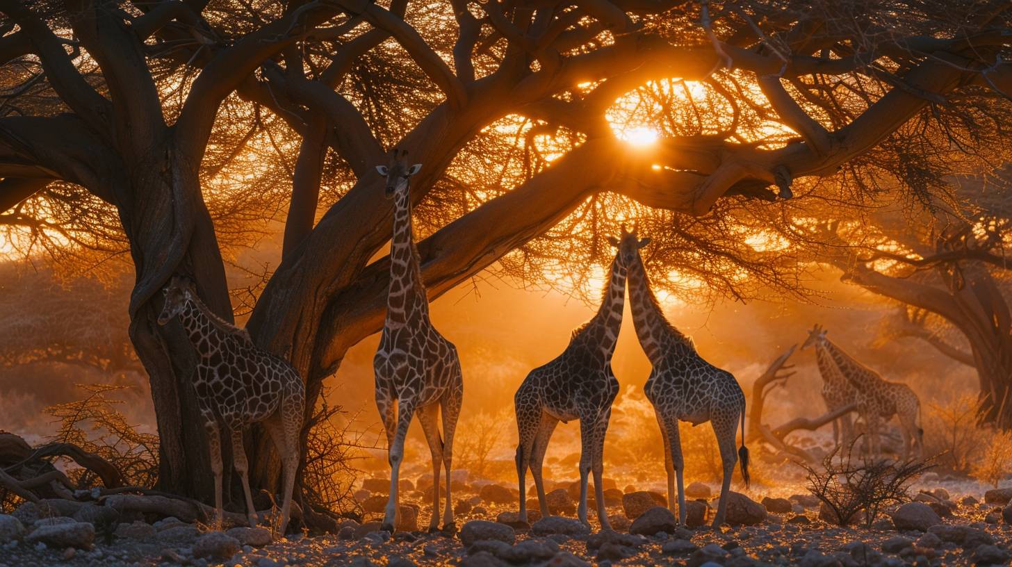 Wildlife photo of a group of giraffes standing under a tree, backlit