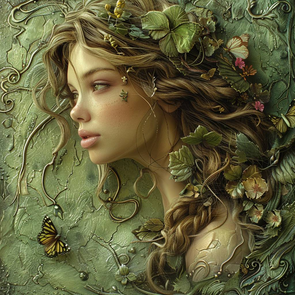 フォレストエレガンス：宁静な表情を浮かべた女性のスタイライズされた肖像をデザインし、彼女の髪は鮮やかな野生の花々と繊細な蝶々が織りなす茂みのように流れます。背景は深い森の緑と柔らかくエレガントな色合いが調和し、彼女の優雅さと自然とのつながりを象徴しています。スタイル=ナチュール-エレガンス融合