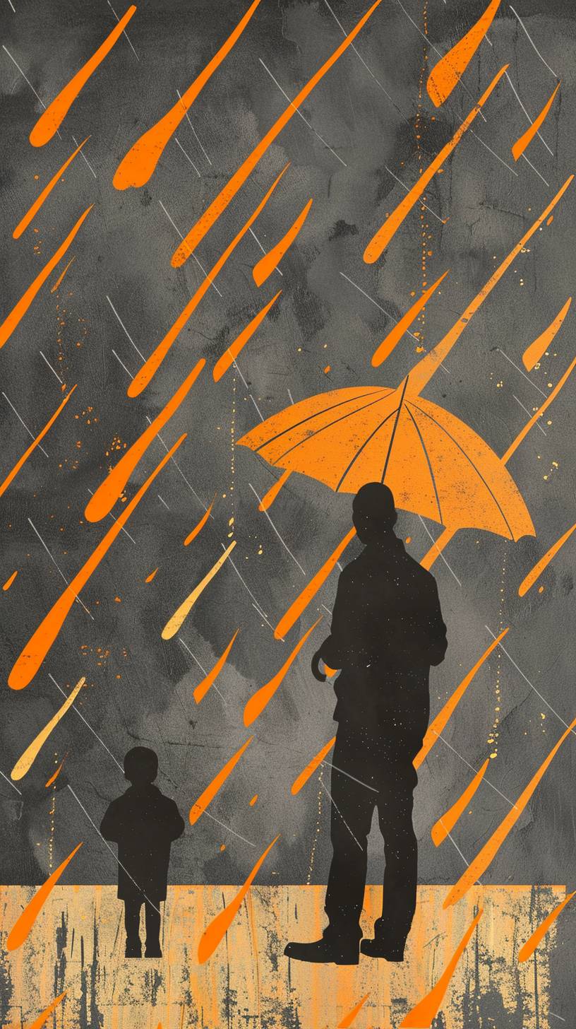 Develop a design that showcases paternal love using a high-contrast color scheme of bright orange against a slate grey background. Position a simplified silhouette of a father and child under an umbrella at the center, with orange rain in a pattern of diagonal lines creating a dynamic sense of movement, interrupted by the umbrella. The grey and orange palette provides a striking backdrop that highlights the father’s protective presence and the warmth of his love.