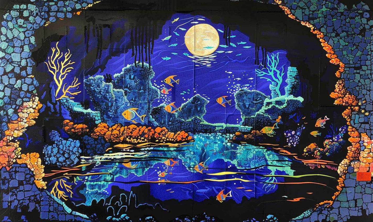 In the style of Patrick Caulfield, underwater grotto with shimmering mermaids
