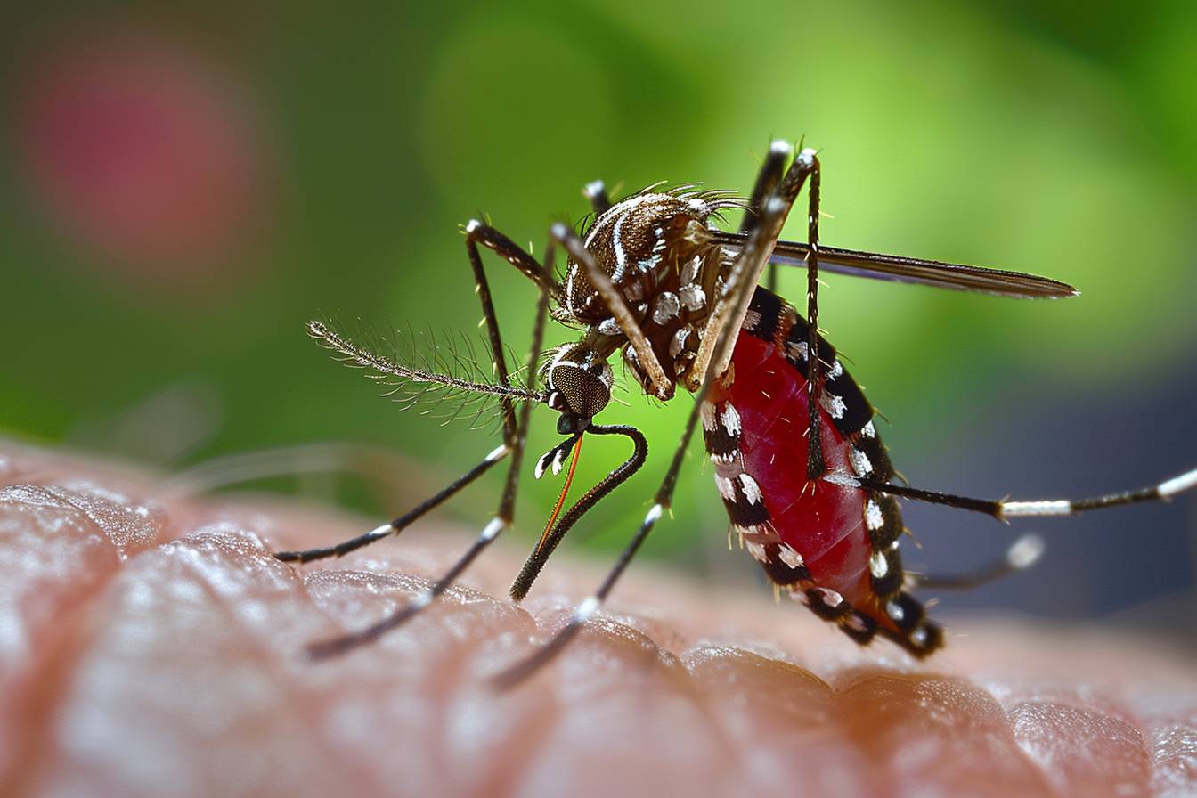 Photo of Dengue fever, a mosquito bites white boy's arm, mosquito's belly is red, full picture, sharp focus
