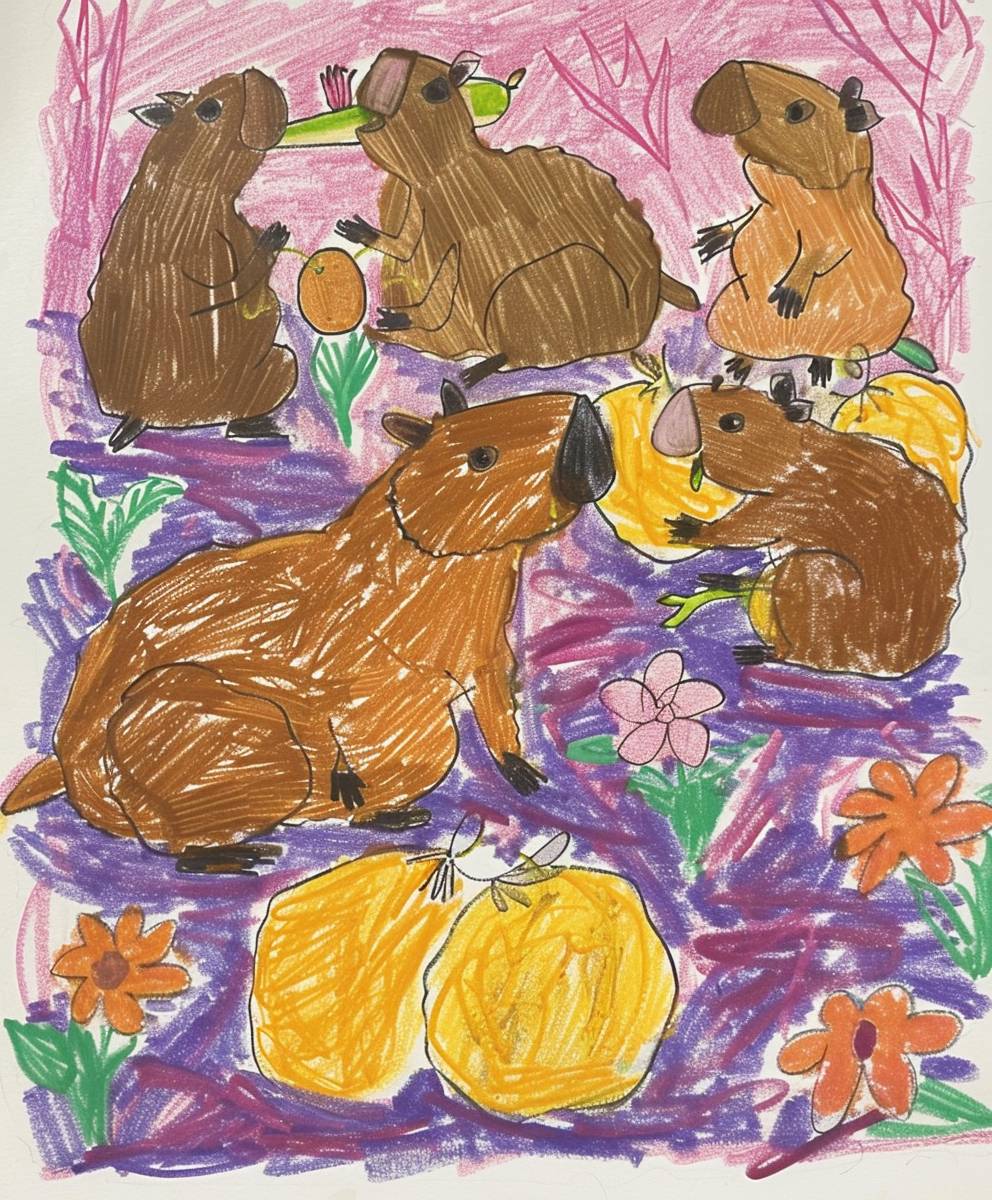 A child's drawing of several cute capybaras sitting on the ground in pastel colors, some capybaras are eating fruit and others have flowers around them. They look happy and contented. The background color should be purple, pink, and blue with two large yellow oranges. In the style of Henri Matisse. On top there’s one brown line drawn capybara lying down. It looks like it was painted in the style of an eight year old girl. There’s a white paper border surrounding all sides of the painting.