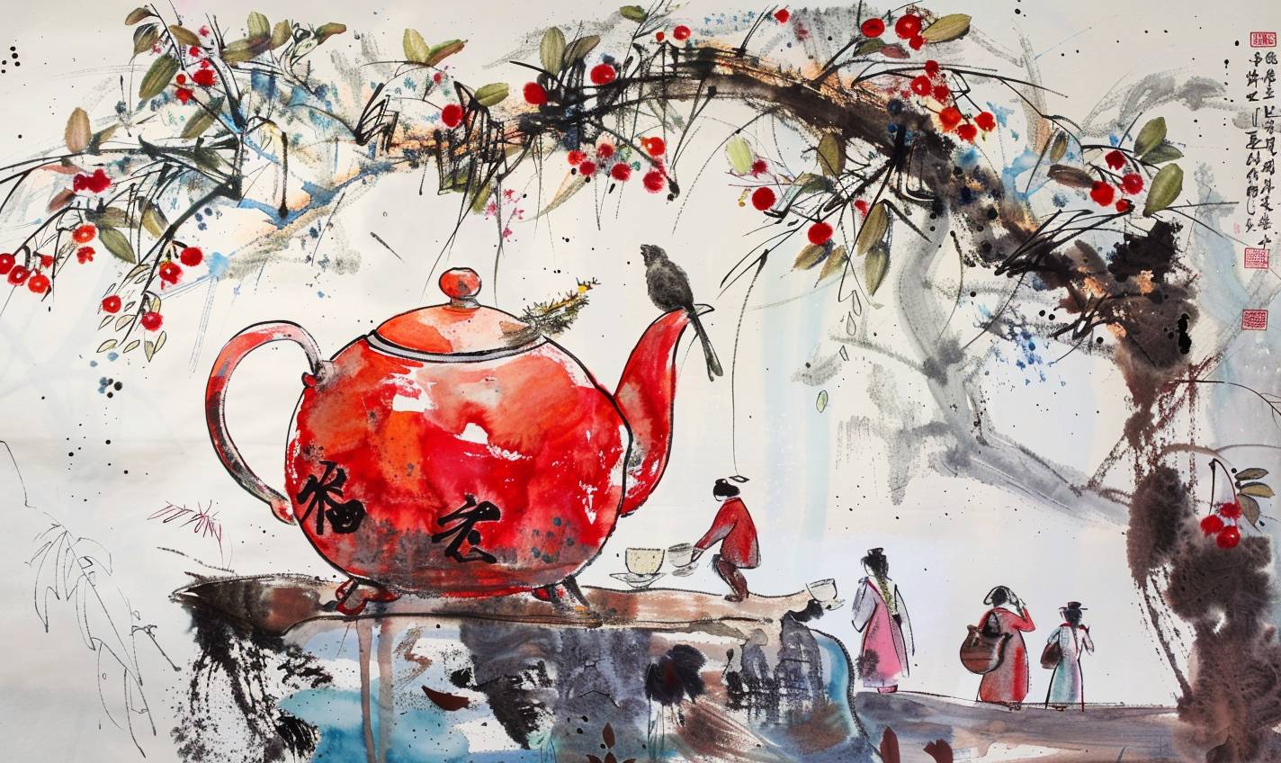 In the style of Qi Baishi, a whimsical tea party held in a giant teapot