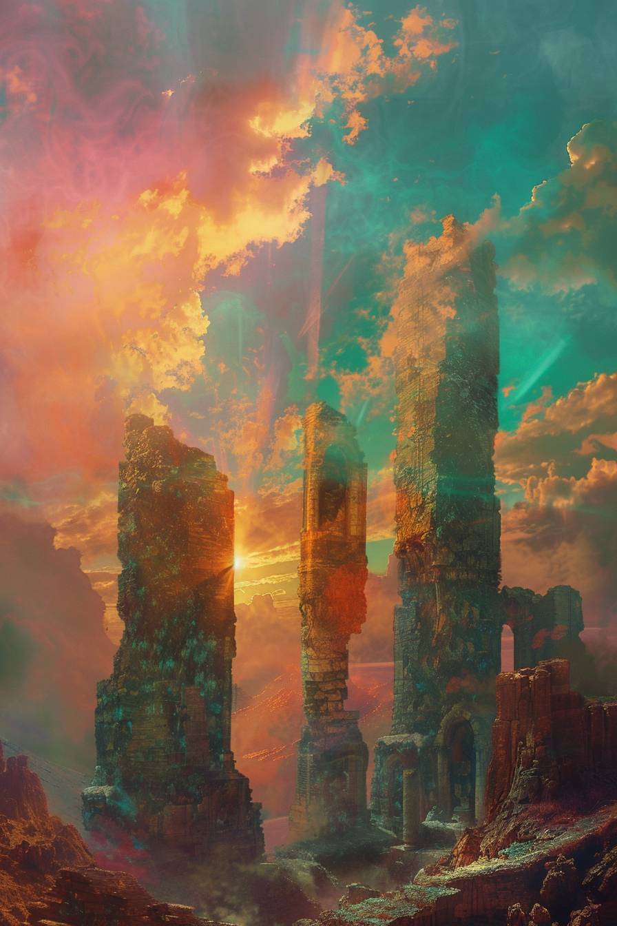 ‘ドリーミー・ドーン’の古代遺跡では、サフラン色の朝日がターコイズ色とサーモンピンクの雲を突き抜け、温かく、空気のような光に包まれた状況 --ar 2:3 --v 6.0
