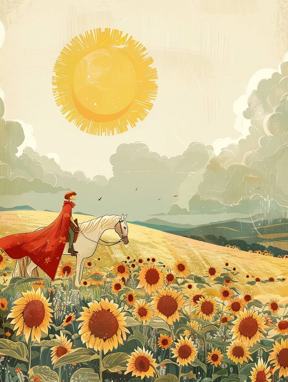 Illustration of a happy kid, wearing a red cape, riding a white horse, with a giant sun in the sunflower field, in the style of children's book illustration, digital illustration, in the style of Jon Klassen, desaturated light and airy neutral pastel color palette, nursery art, cream background, fantasy lighting, highly detailed, 32k pixels, aspect ratio 3:4, version 6.0