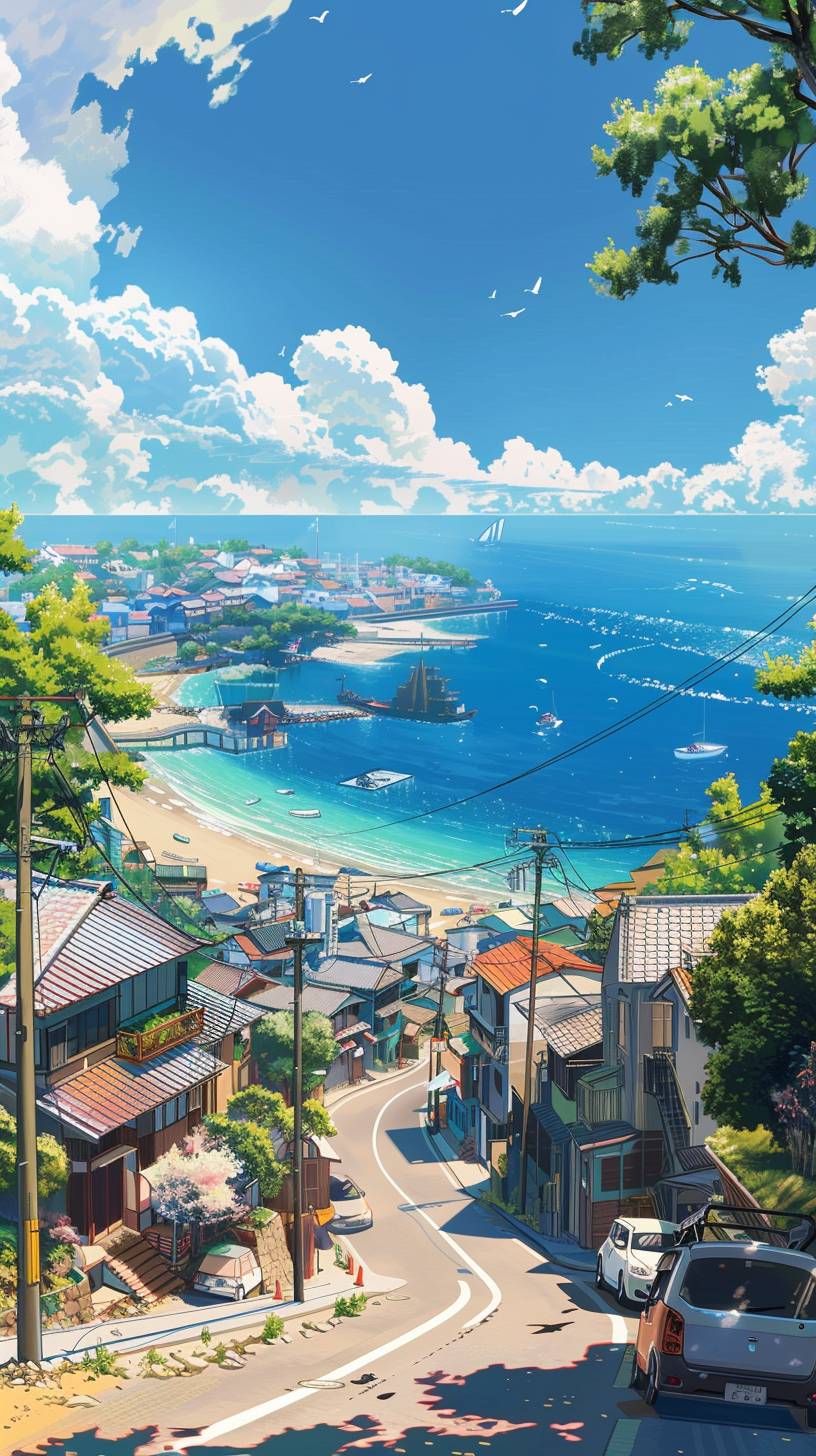 海辺の町、浜辺には家や通りには車があり、蒼い海と空を眺める、宮崎駿スタイルの日本アニメスタイル、芸術性高く、高解像度で高品質、高精細な夏の日の風景ビュー