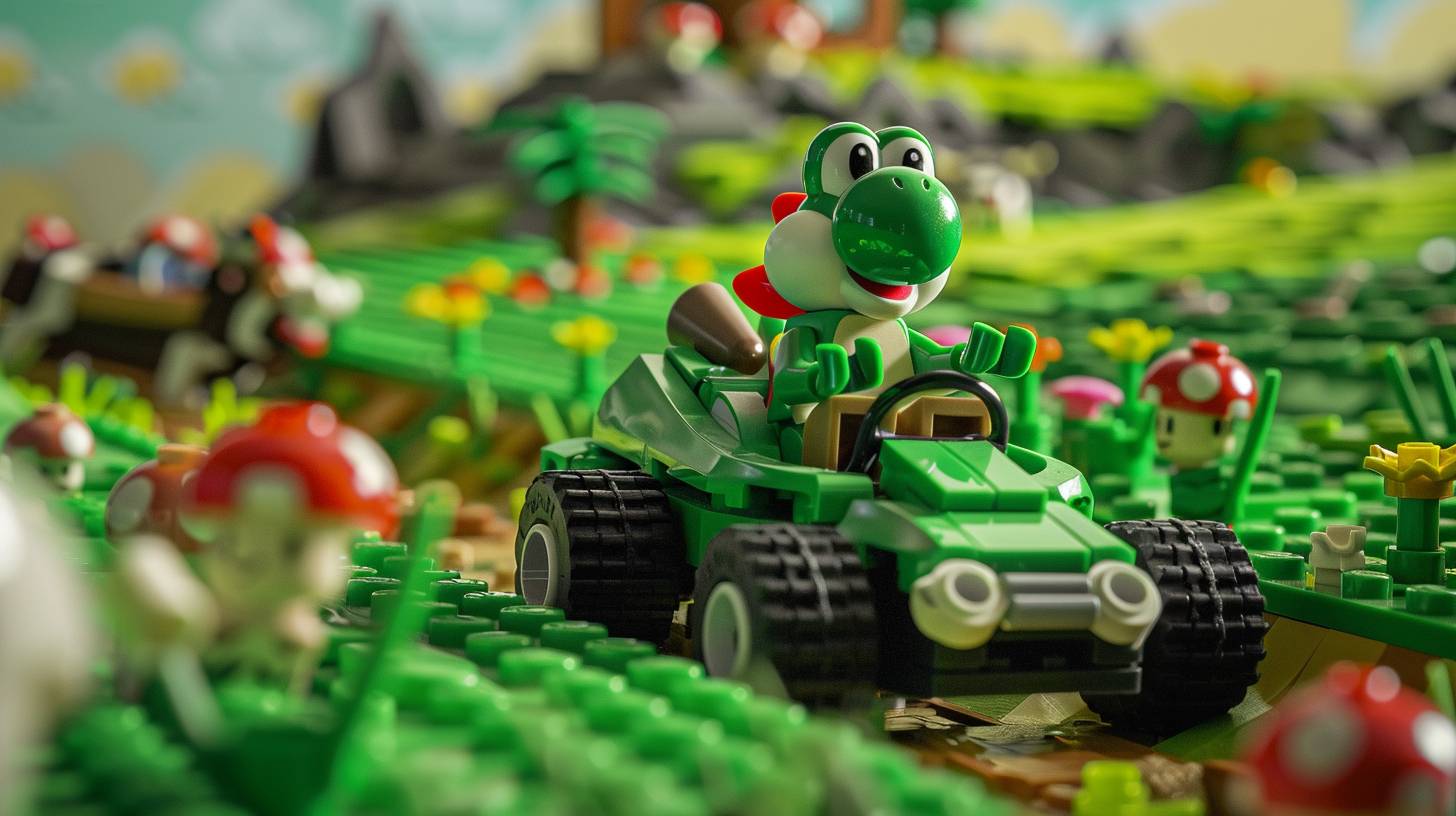 LEGO Yoshi is in a speed boost position in LEGO Moo Moo Meadows, driving a green kart. It features cows, green grass, iconic Mario Kart elements, LEGO style, and bright colors.