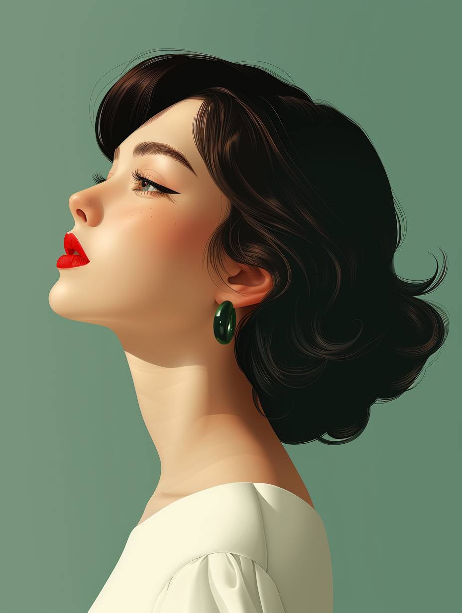アボカドグリーンの背景に女の子をフラットなイラストで描いた、ミニマリストアート、白いドレス、赤い口紅、魅惑的な眼差し、緑のヴィンテージイヤリング、プロフィールビュー、柔らかい照明、静かなトーン、静かな雰囲気。