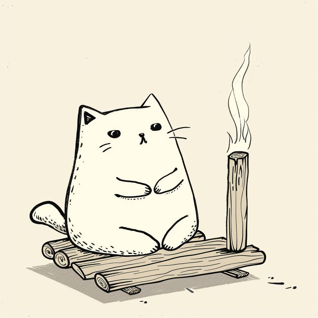 A simple line drawing of a cartoon cat is doing yoga, next to the cat there is a palo santo stick burning, the cat is very relaxing, minimalistic, white background, vintage illustration style, in the style of Jean Jullien and Ryo Takemasa