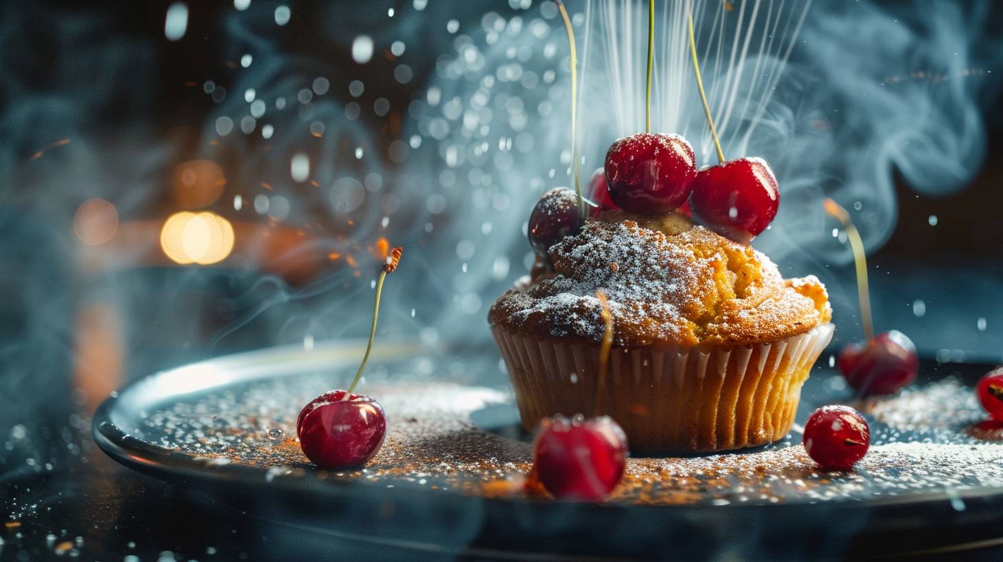 A cherry muffin, vibrant colors and swirling mist, in a luxury restaurant, dramatic lighting, high details, Canon EOS R5