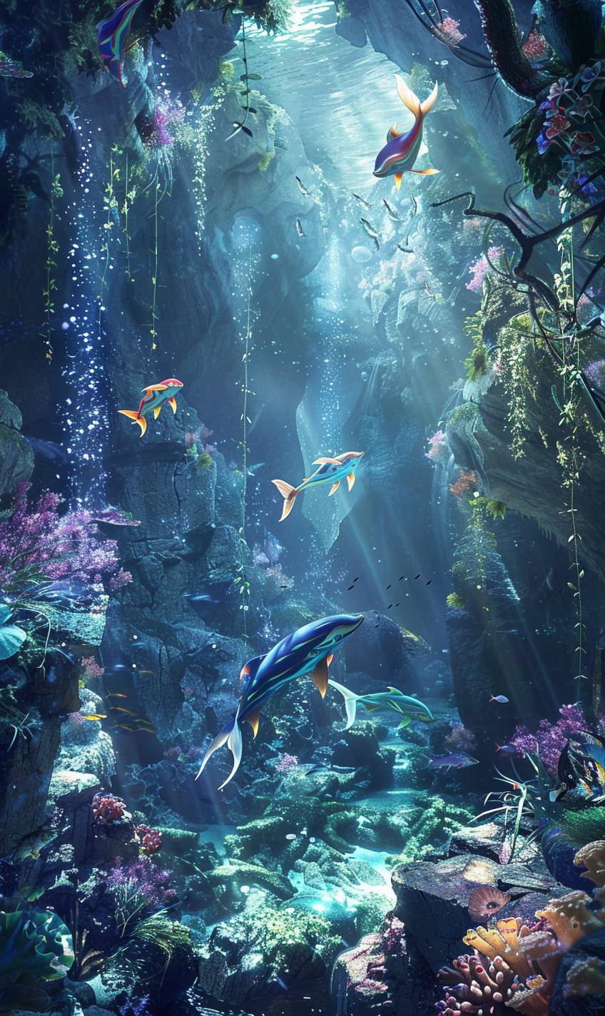 宮本武蔵のスタイルで、キラキラ輝く人魚と一緒に水中の洞窟--ar 3:5 --v 6.0