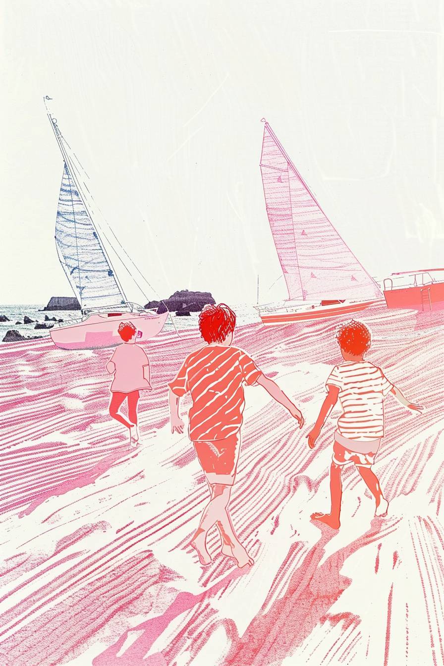 カオスカオスヴィンテージの子供たちがビーチで遊んでいる写真、白っぽいパレット、混沌混沌