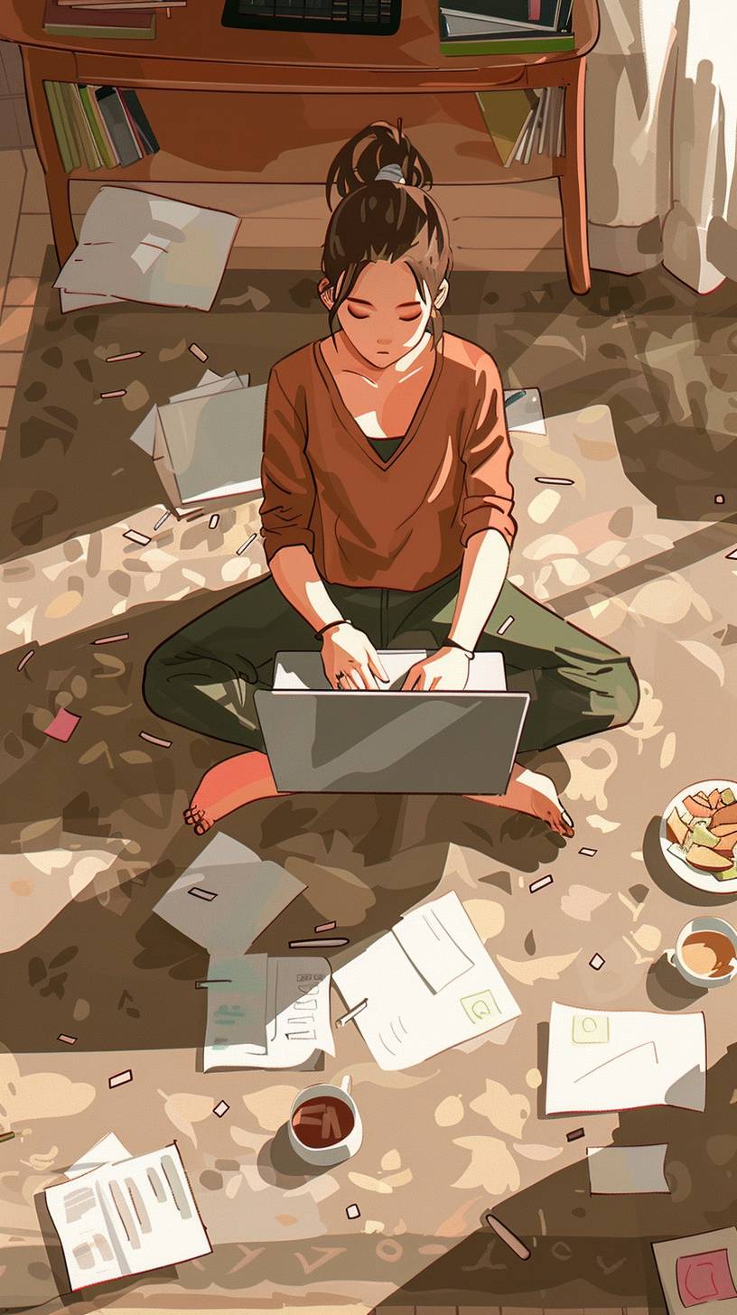 A girl sitting on a carpet with a laptop, writing an email, surrounded by papers, plates with leftover food, cups of coffee, illustration by Erzhe, 2d vector style