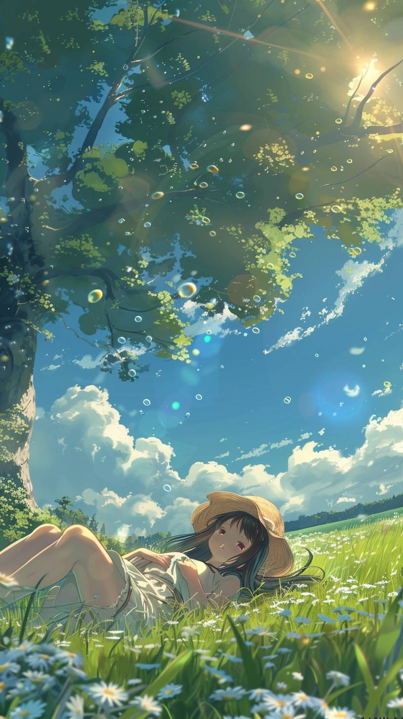 The bright sun and light in the sky. The light is shining all over, reflecting and sparkling. In the center is a girl wearing a white dress, straw hat, and dark long hair, lying under a tree in a bright green meadow. Ghibli-like illustrations. It's summer, the weather is sunny, and the river water is light blue reflecting the sky with clouds in the blue sky.