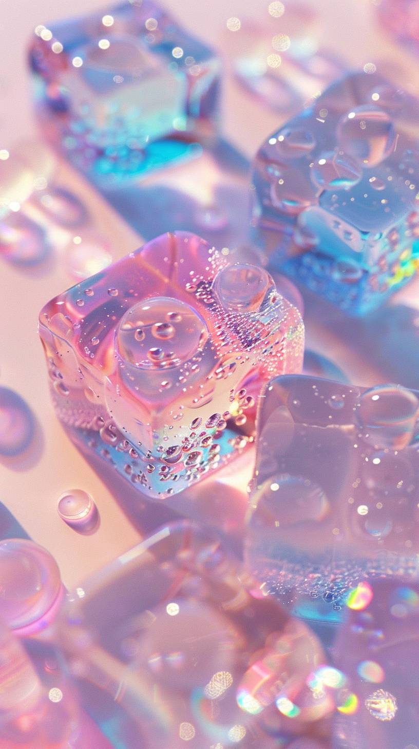 Some Ice blocks, beads of water congealed on the ice, pastel colorful background, white tone, gradient, soft light, colorful transparent glass, foil holographic, 3d rendering, white tone, digital background, glass, high luminance, bright scene, holographic, fine luster, designed by Wes Cockx, 8k, holy light, 3D
