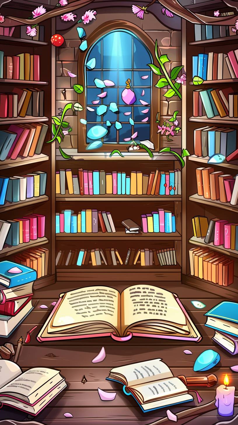 高い本棚、浮かぶ本、暖かいキャンドルの光、古代の書物や巻物、神秘的な雰囲気を持つ魔法図書館