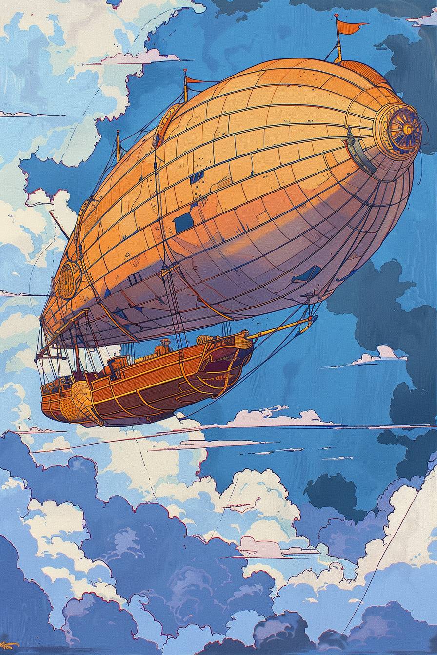 In the style of Patrick Caulfield, a steampunk airship gliding through the clouds