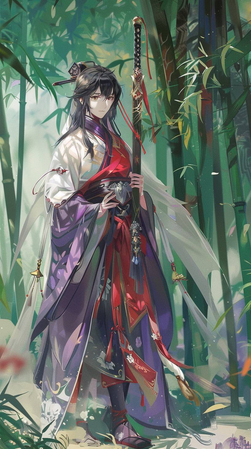 A young woman in Hanfu, wearing purple and red long sleeves, and carrying an ancient Chinese sword on her back, stands under a bamboo forest. She is dressed in a white veil and black shoes, with a smiling expression. This is a character illustration of Genshin Impact in the style of an anime fantasy illustration. The background is a green color scheme of a bamboo forest. The character design features bright colors in a fantasy style anime. It appears to be a studio light, full-length portrait animated illustration. --ar 9:16  --v 6.0