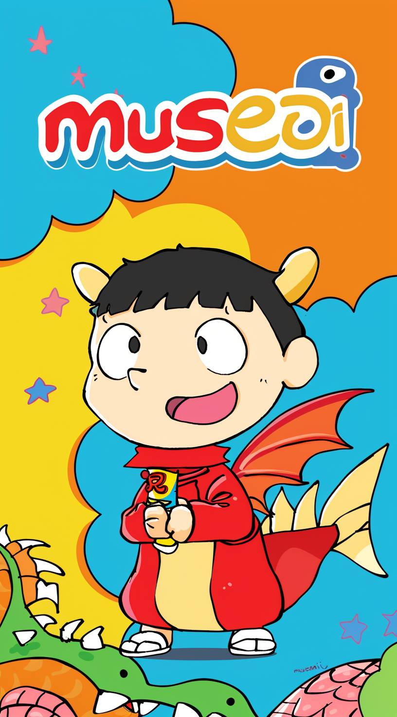 Crayon Shinchan, wearing a red dragon costume with the word "musesai", in the style of a cartoon illustration, with a colorful background, as a simple line drawing, with colorful cartoon characters, using bold lines and solid colors, with high saturation, keeping simple details, with a cartoon cute expression, creating a cute atmosphere, in the style of a cartoon.