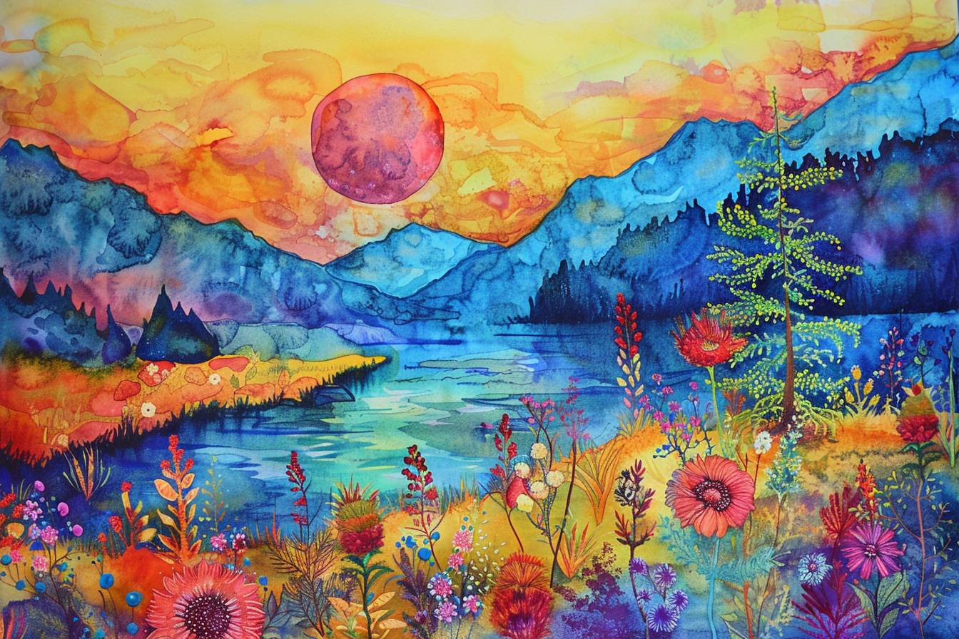 A colourful aquarell painting showing mountains, rivers, flowers, fields, trees in popping colours