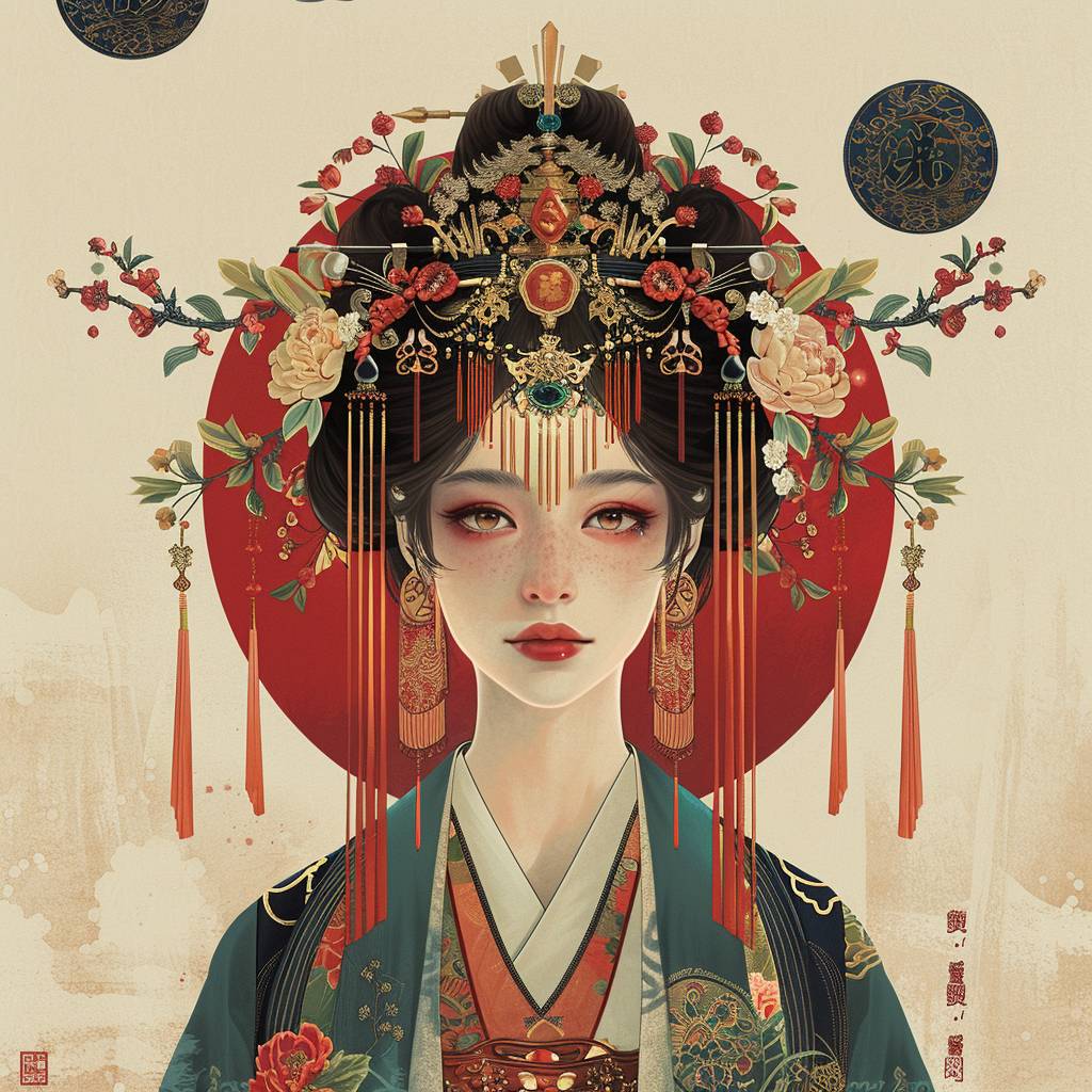 Illustrating a character wearing traditional attire from the Song Dynasty in China. Employing the Song Dynasty's characteristic dark and light color tones, hyperrealistic illustration, bold color choices, and meticulous brushwork in a symmetrical composition for a full-body portrait --v 6.0